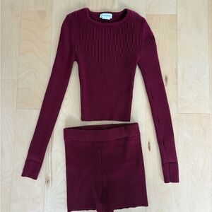 Lovers + Friends Ribbed Crew Neck Crop Top and Shorts Set — Burgundy